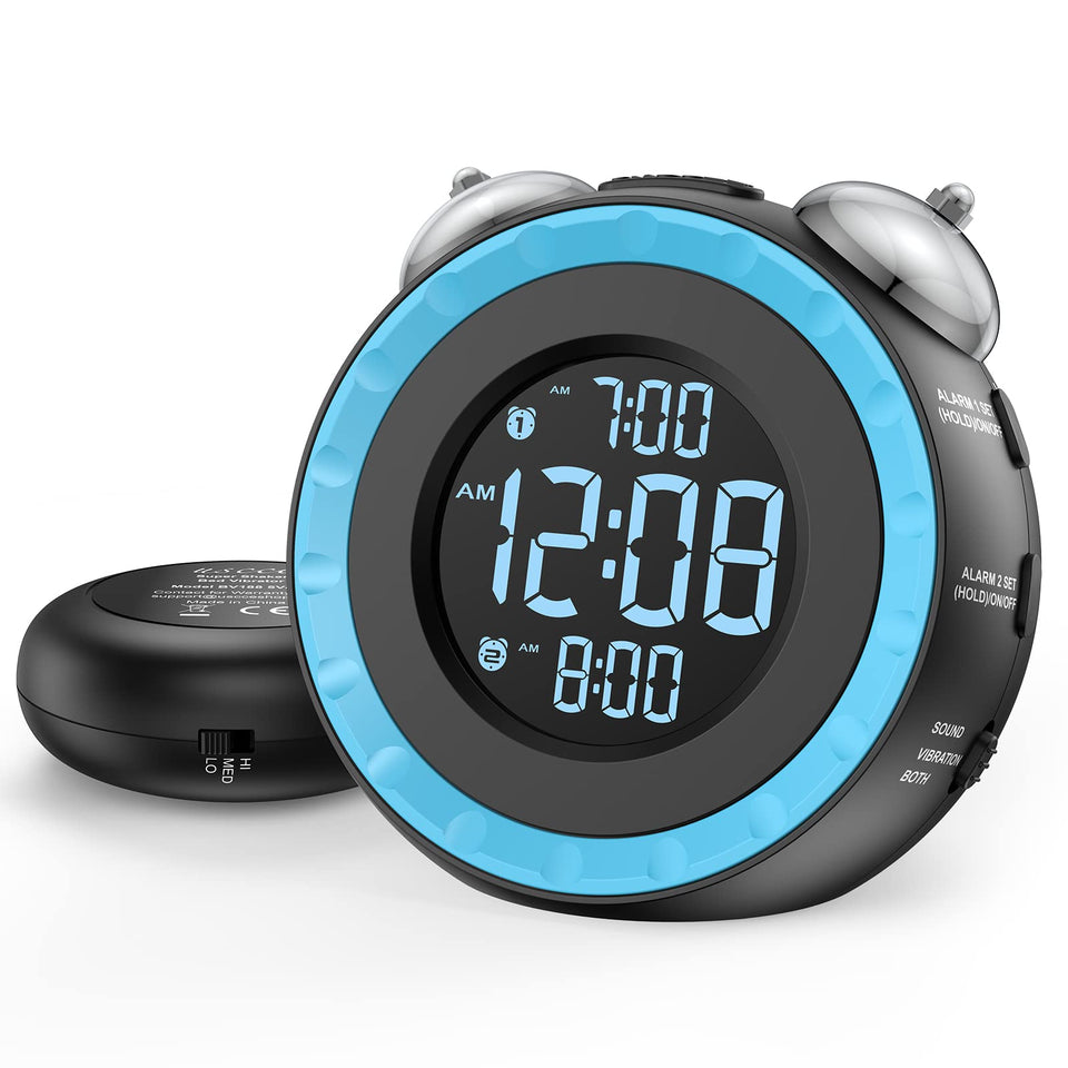 uscce loud dual alarm clock with bed shaker, front view; helps heavy sleepers wake