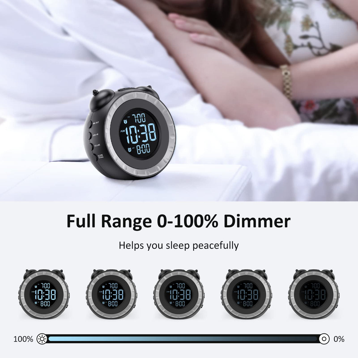USCCE brightness dial shows 0–100% dimming for comfortable night viewing.