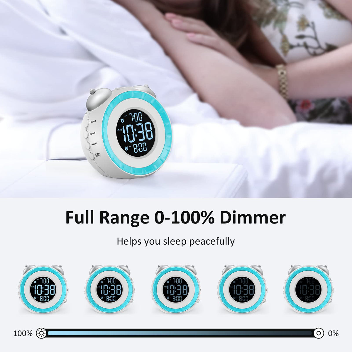 uscce loud dual alarm clock brightness dial allows 0–100% dimming for night-friendly visibility