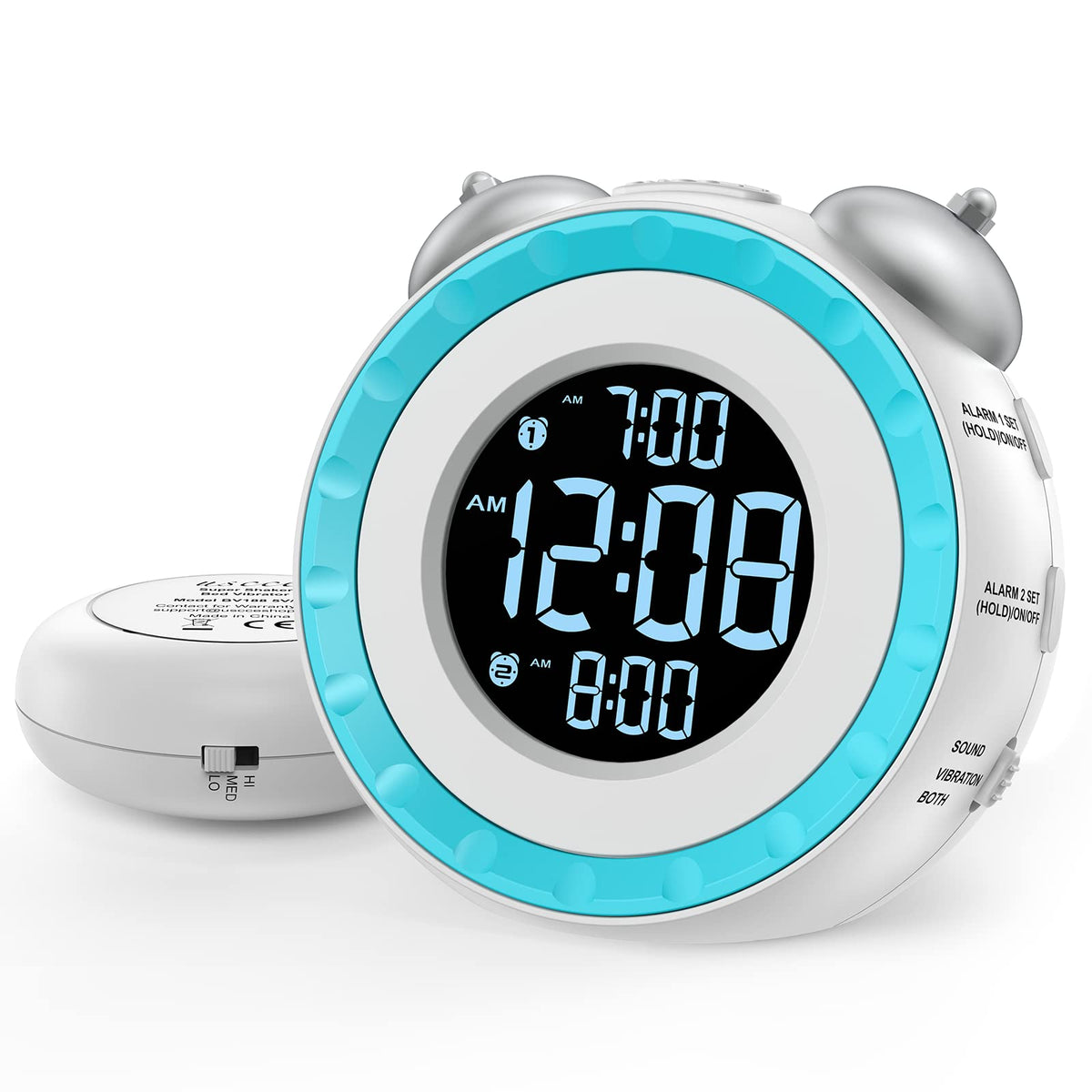 uscce loud dual alarm clock front view shows compact design and powerful bed shaker for heavy sleepers