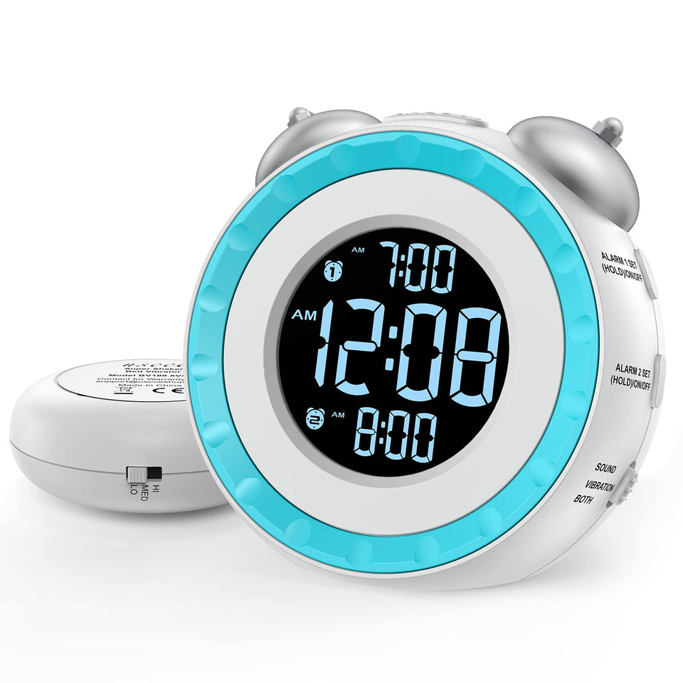 uscce loud dual alarm clock front view shows compact design and powerful bed shaker for heavy sleepers