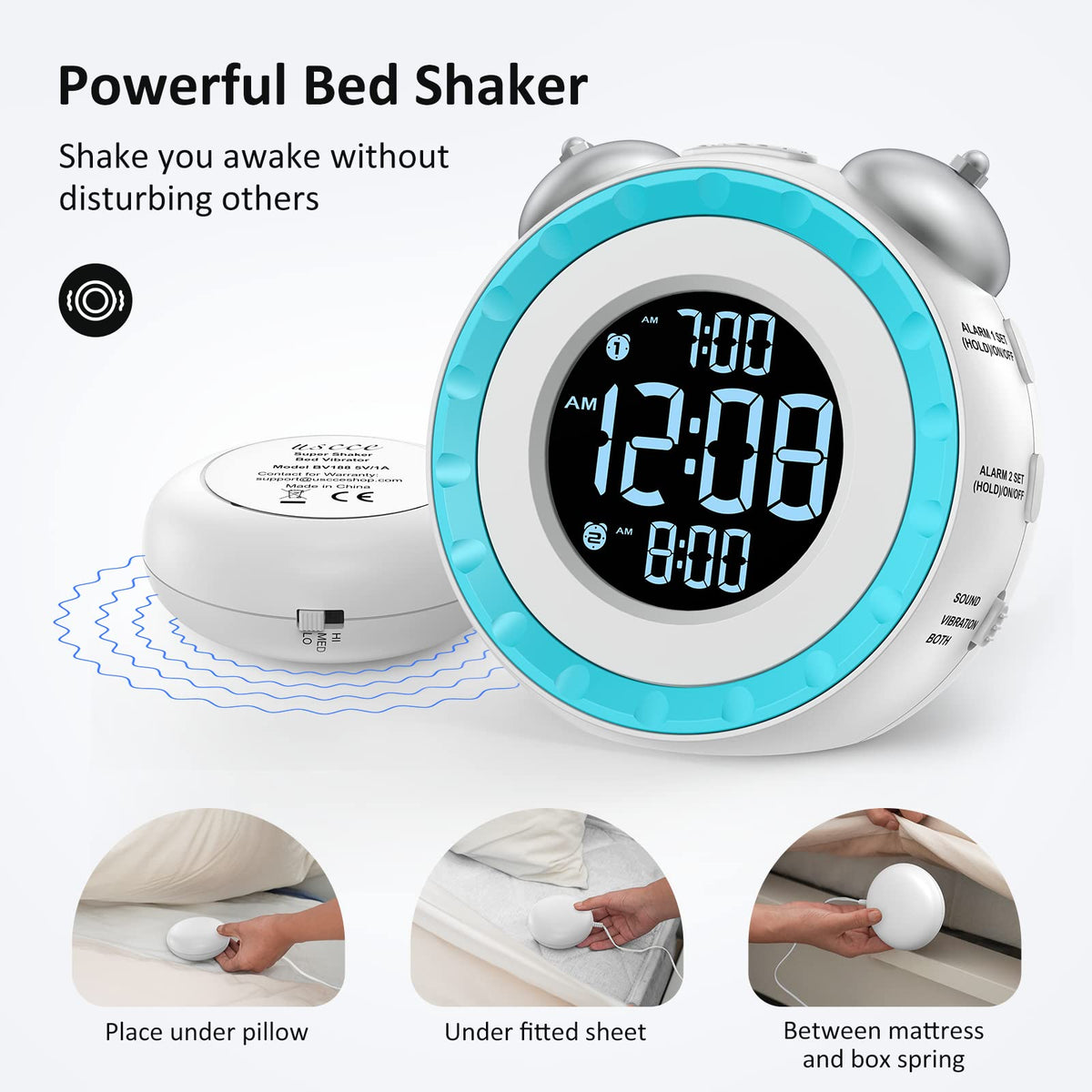 uscce clock shaker close-up highlighting vibration levels for gentler or stronger alarms at waking