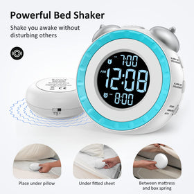 uscce clock shaker close-up highlighting vibration levels for gentler or stronger alarms at waking