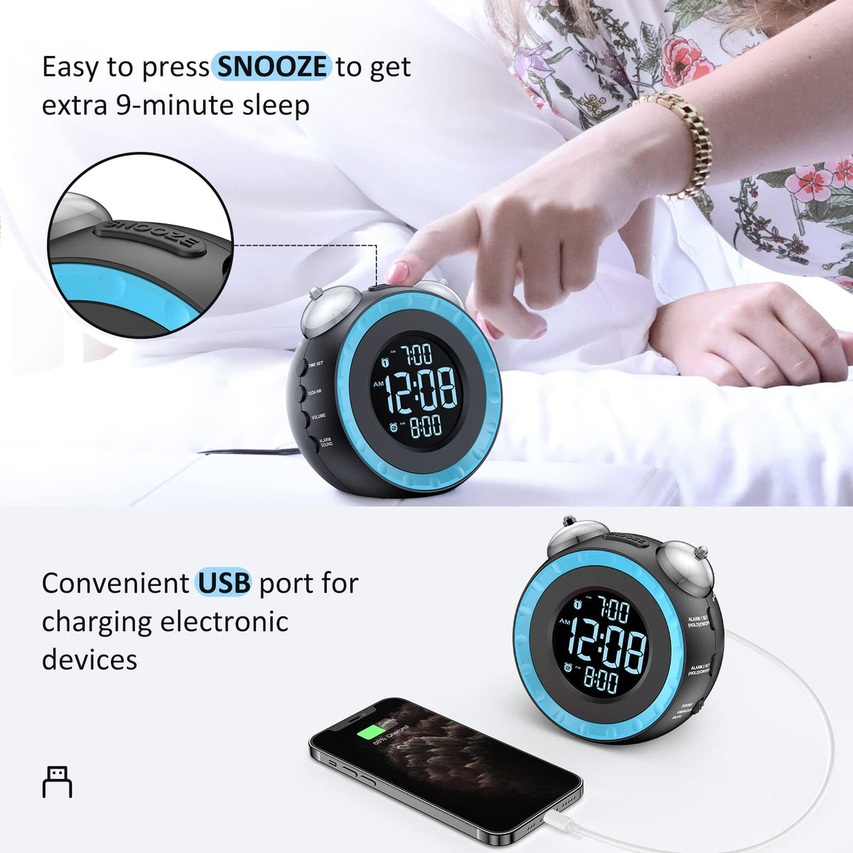 uscce loud dual alarm clock snooze 9 minutes; quick extra rest