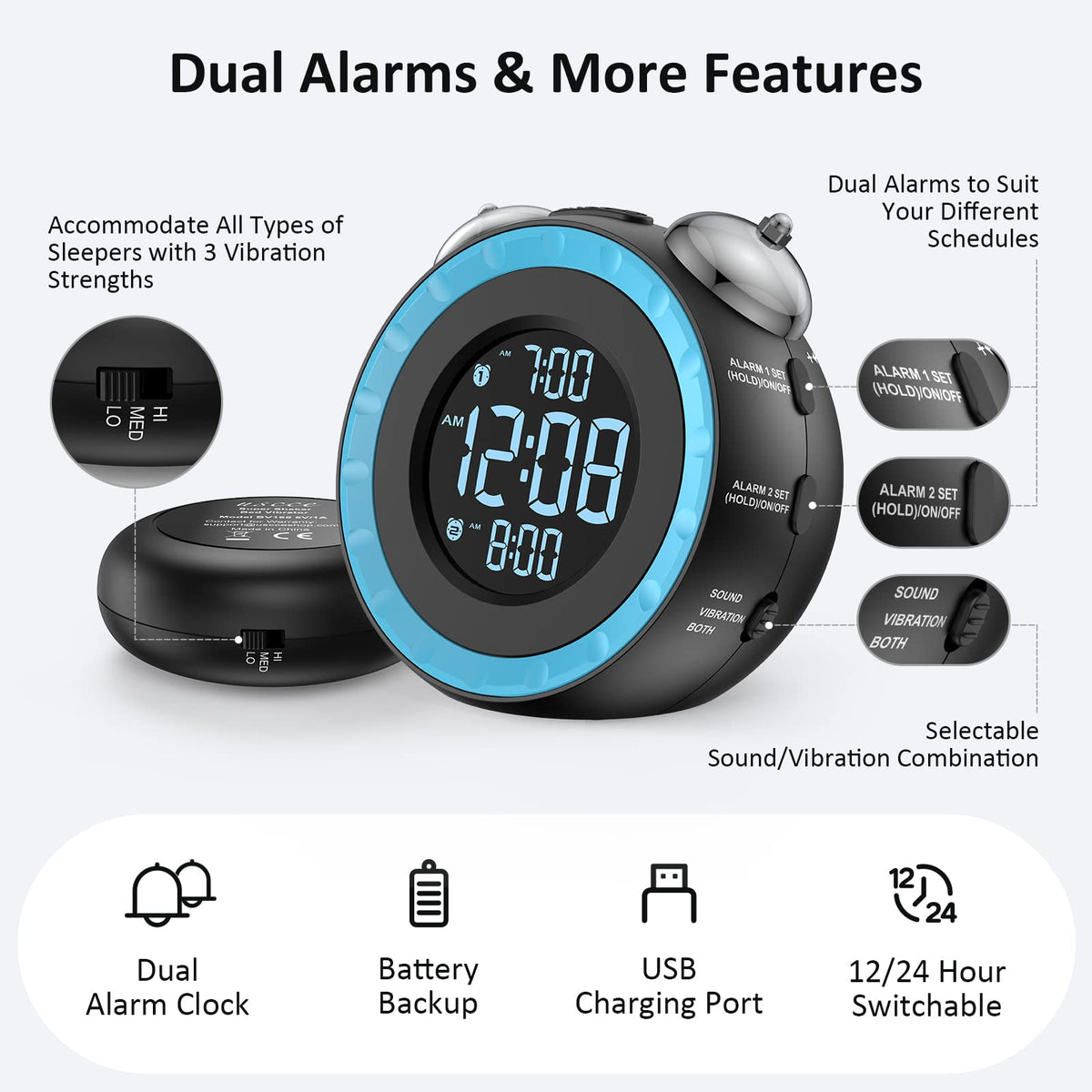 uscce loud dual alarm clock USB port; charge devices overnight