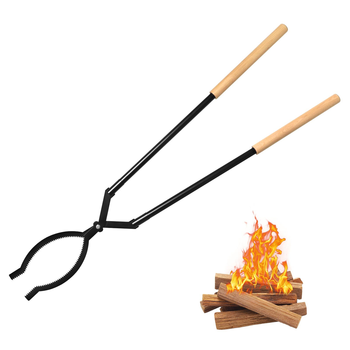 USENIOR heavy duty firewood tongs with a 42-inch extended handle for safe outdoor log lifting.