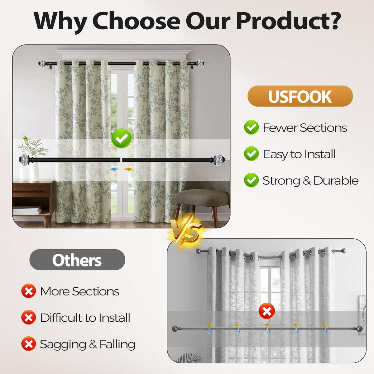 USFOOK 1 inch diameter curtain rod provides solid support for heavy drapery
