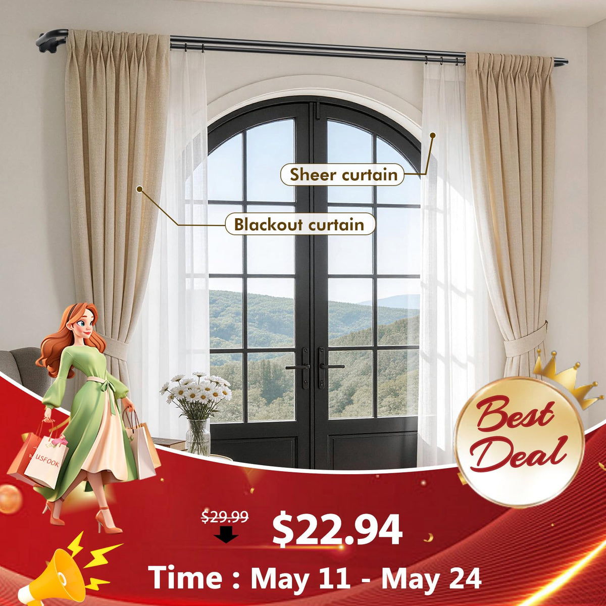 USFOOK adjustable-twist-length system enables a precise fit for your window