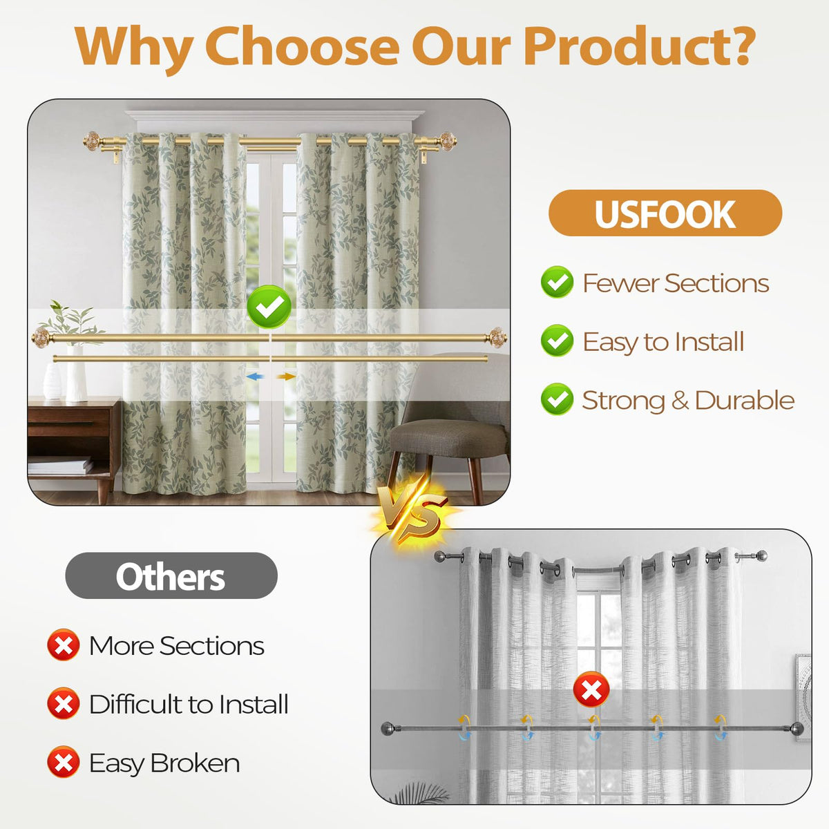 USFOOK crystal finials on a gold rod add elegant sparkle to the room.