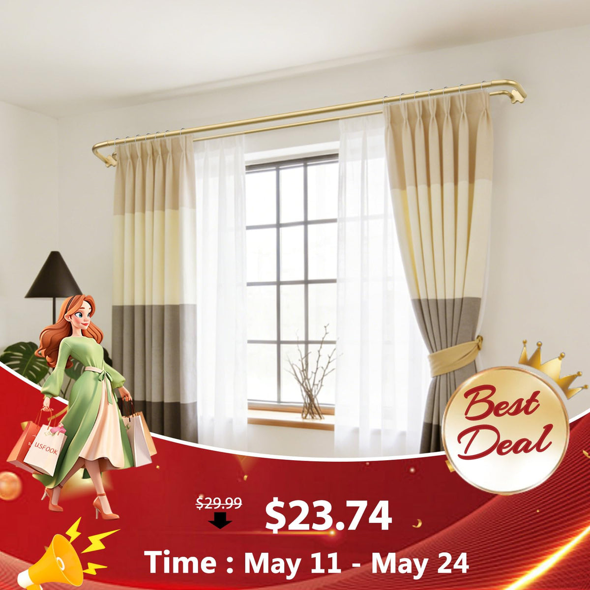 USFOOK gold double curtain rod back rod 5/8 inch diameter for reliability