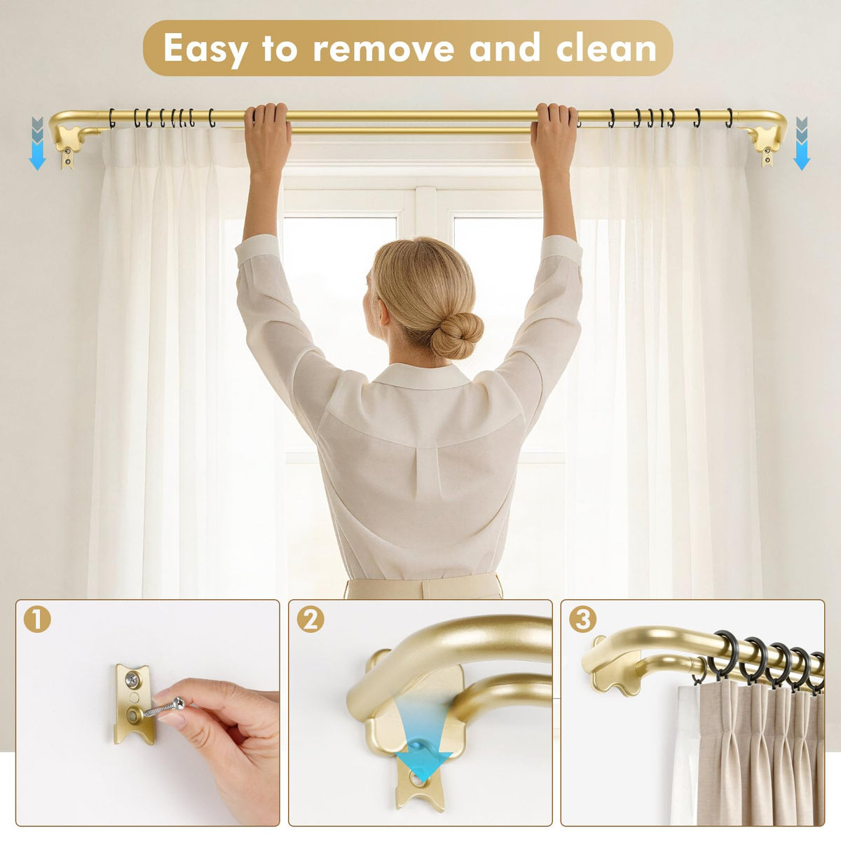 USFOOK gold double curtain rod wrap-around ends block side light and boost privacy