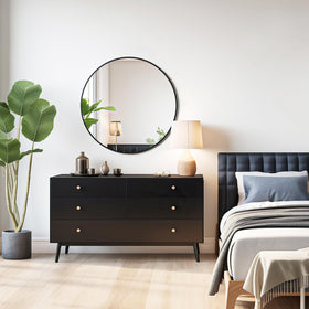 USHOWER circular mirror enhancing living room design with bold silhouette