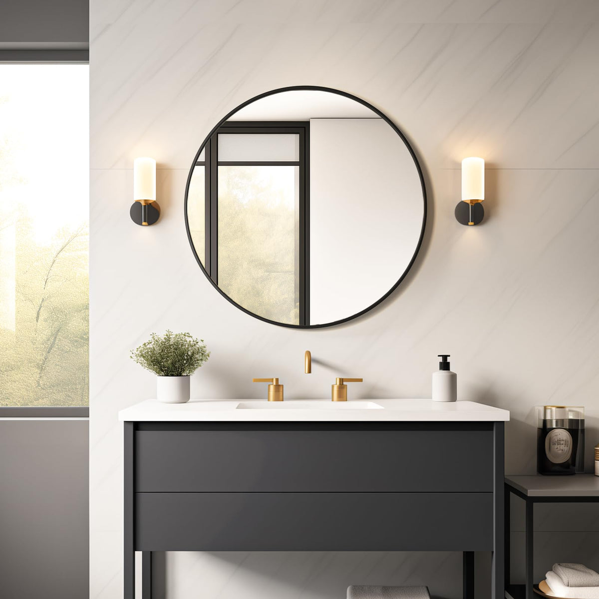 USHOWER round mirror with black metal frame for modern bathroom style