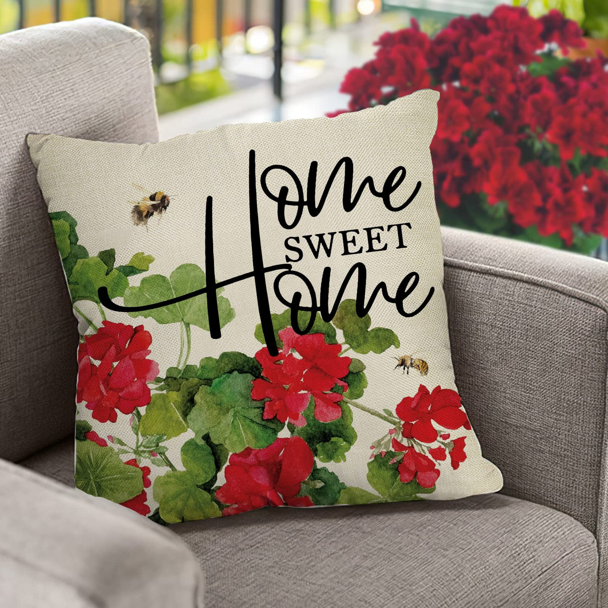 Ussap bee and jar print pillow cover adds quaint rustic detail to couches