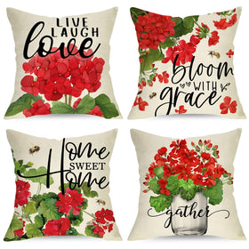 Ussap red geranium flower pillow cover adds rustic charm to living room decor