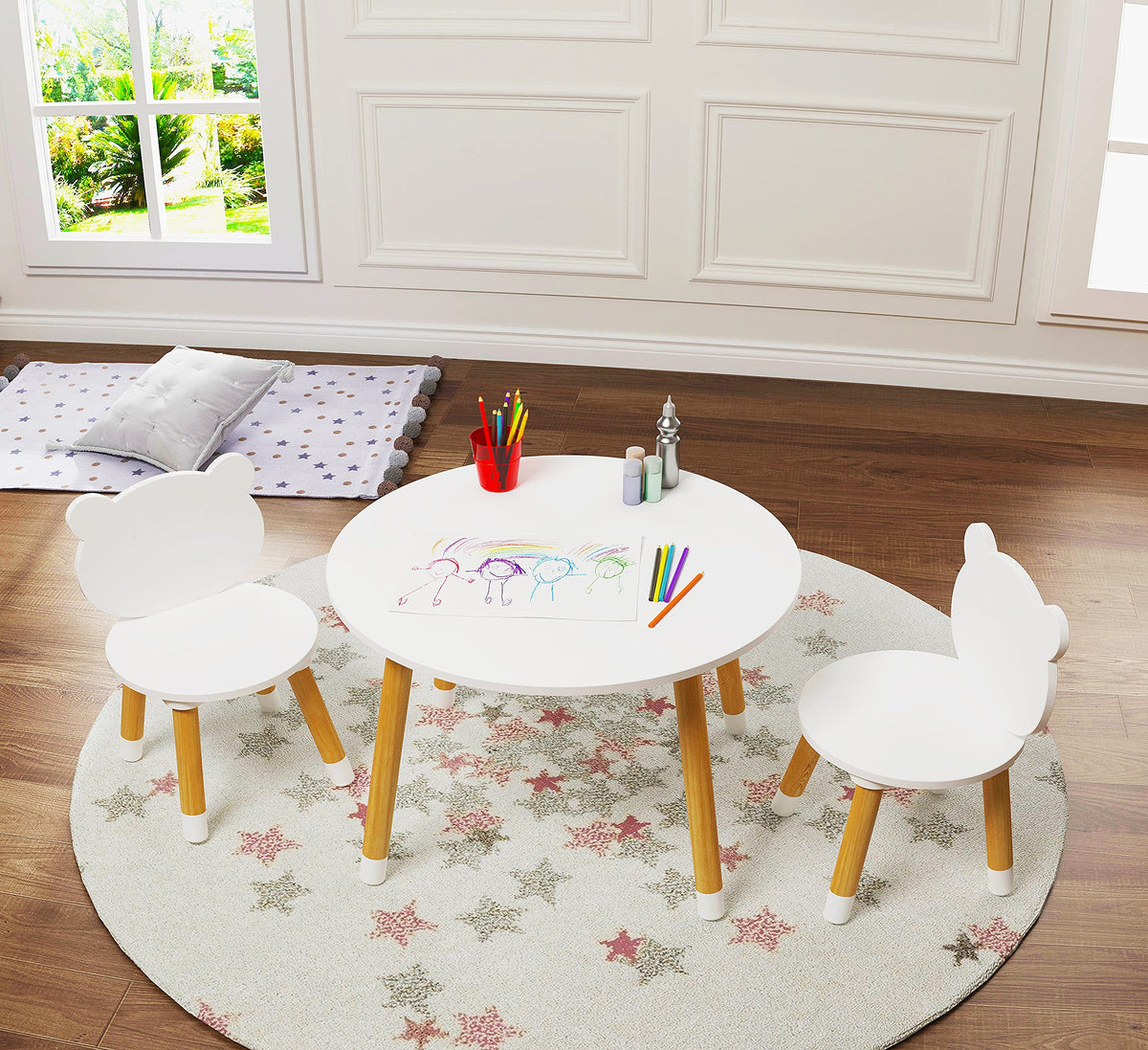 UTEX Kids table white round top view highlighting sturdy, kid-friendly surface for crafts.