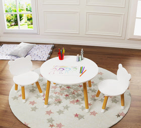 UTEX Kids table white round top view highlighting sturdy, kid-friendly surface for crafts.