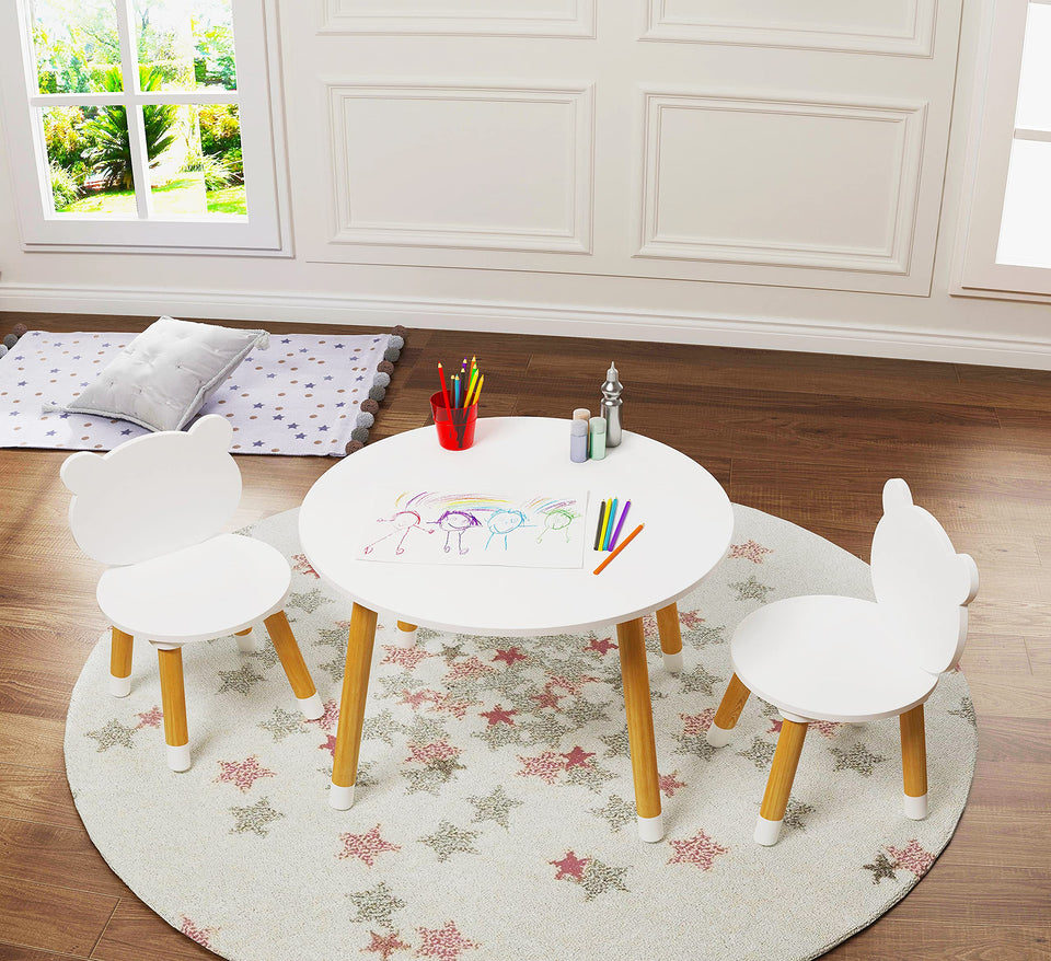 UTEX Kids table white round top view highlighting sturdy, kid-friendly surface for crafts.