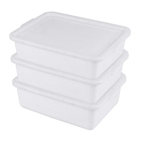 Utiao 3-pack 13 L bus tub with lid in white showing stackable design for space efficiency.