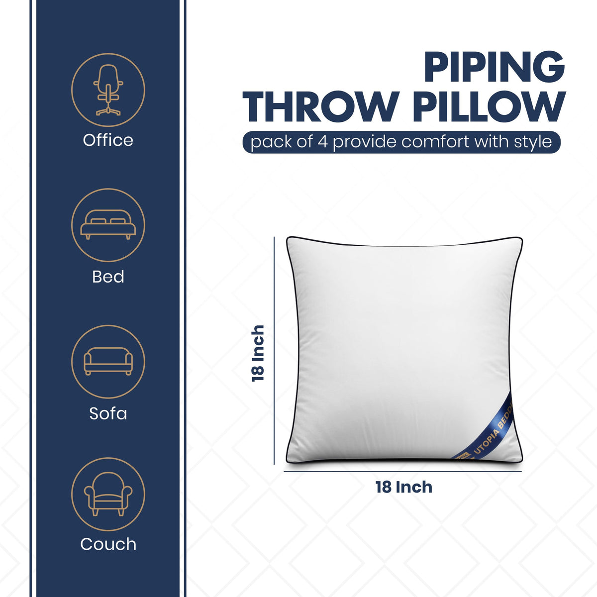 Close-up of navy piping on Utopia Bedding 18x18 white insert