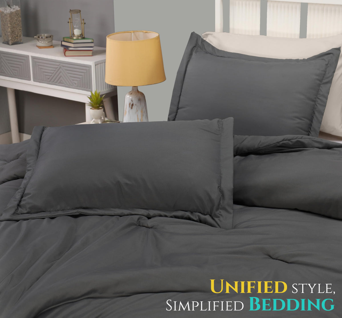 Utopia Bedding bedroom setup with grey comforter enhances mood