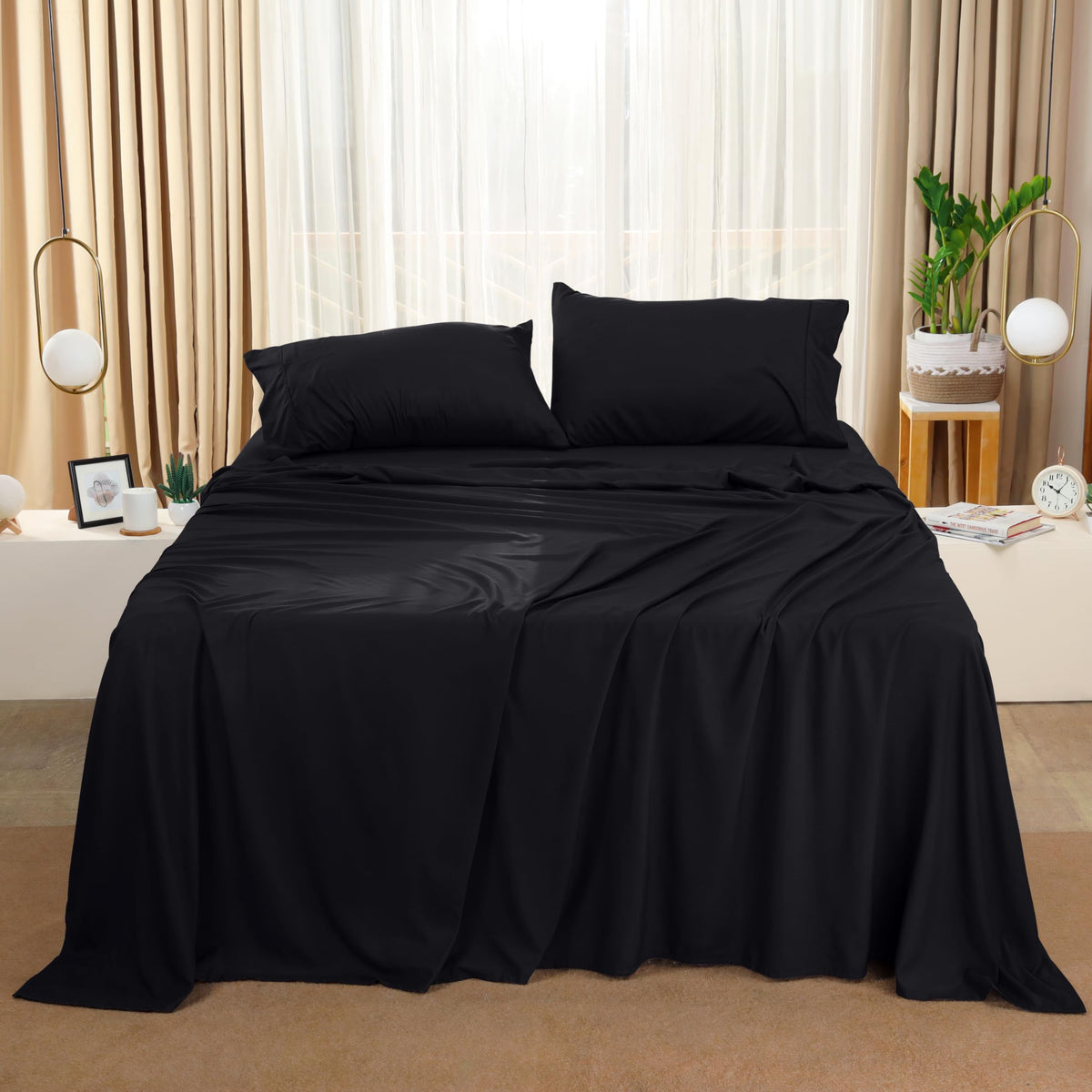Utopia Bedding bedroom setup featuring the black queen sheet set on bed.
