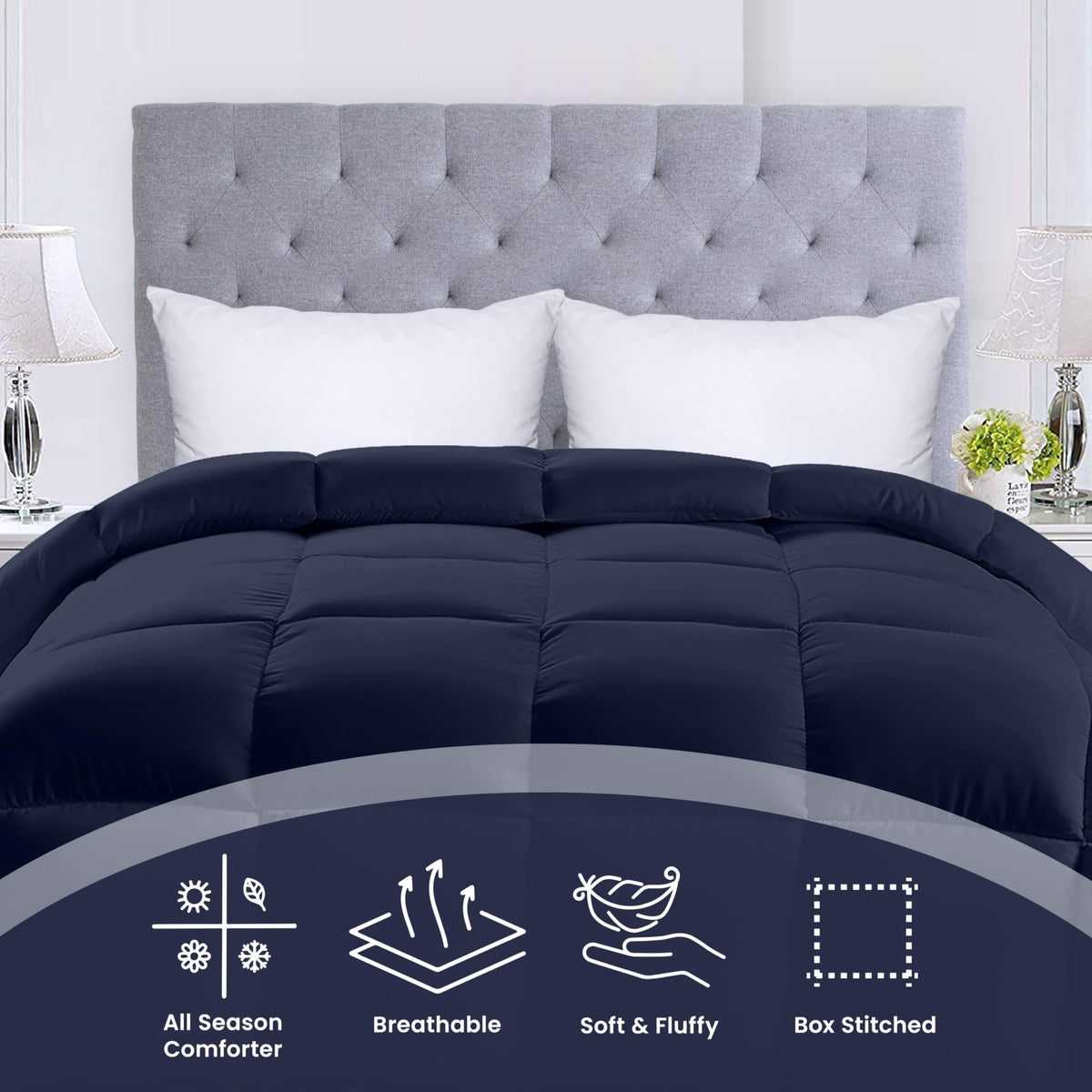 Utopia Bedding king navy corner tabs shown, for secure attachment to a duvet cover.