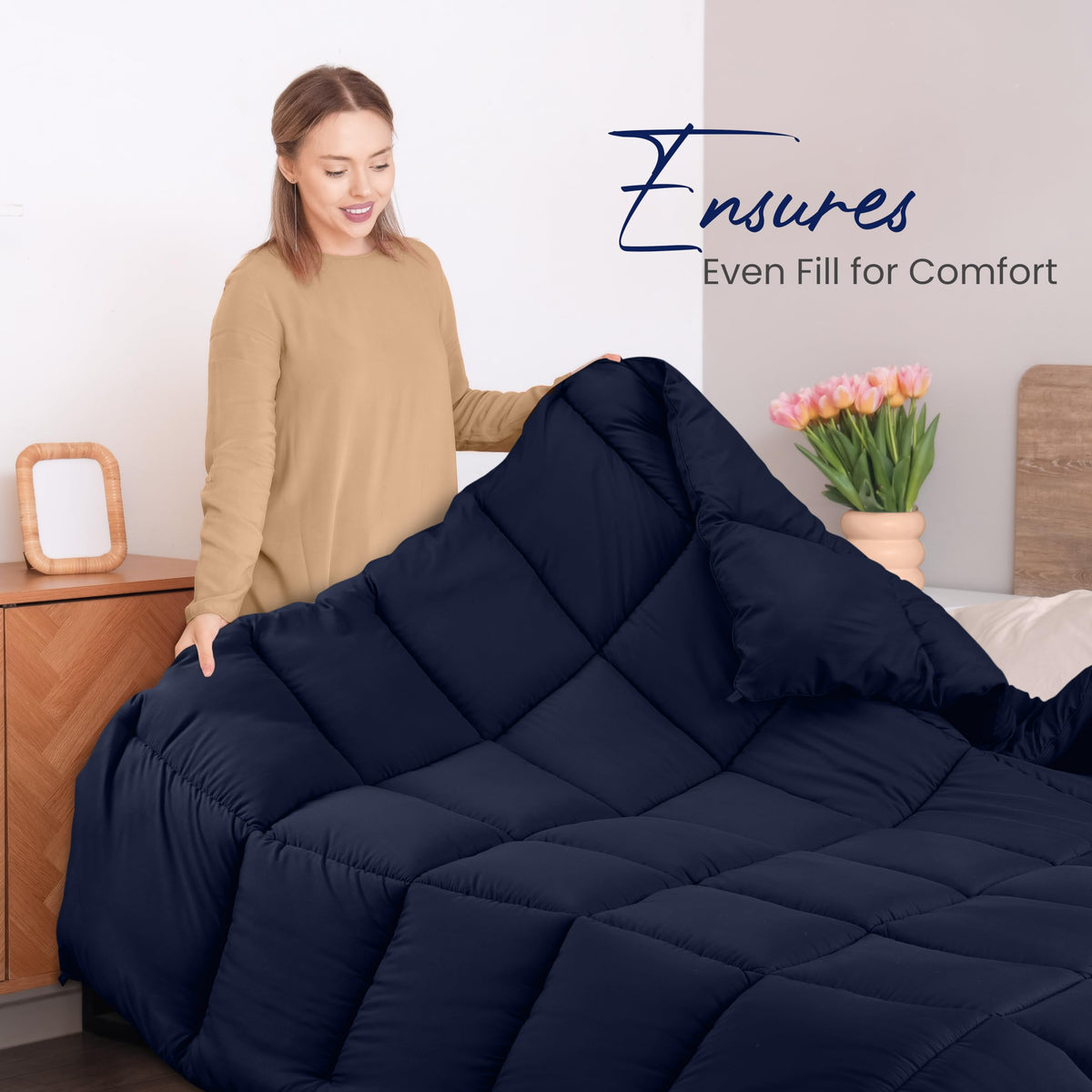 Utopia Bedding comforter close-up in navy fabric, emphasizing soft siliconized fiber filling.