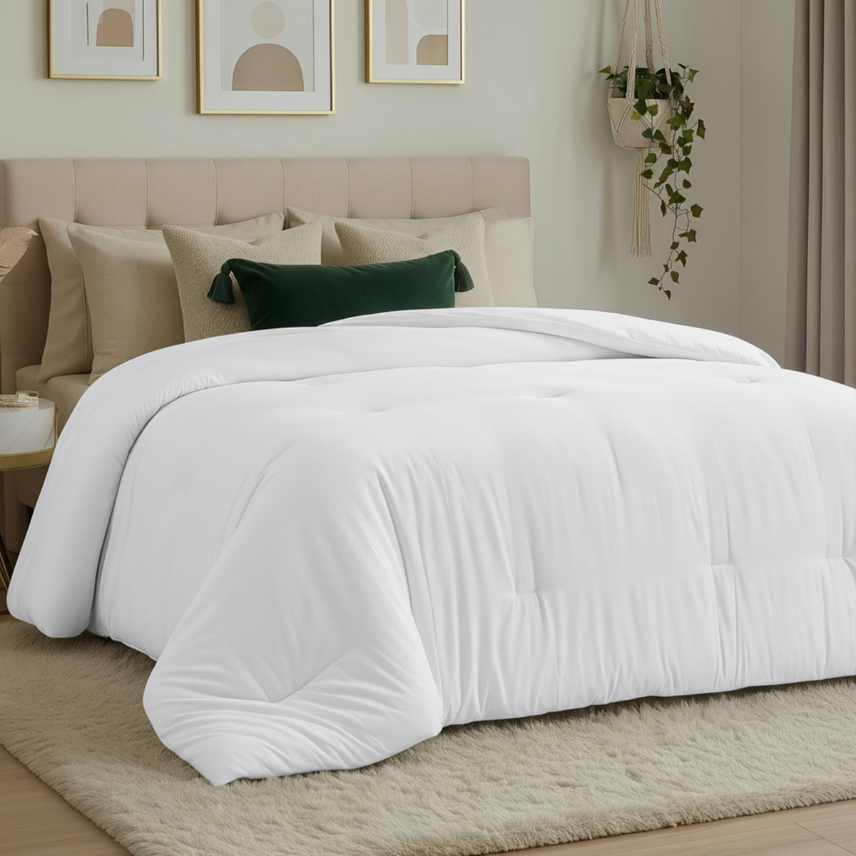 Utopia Bedding comforter on a queen bed provides full coverage for a neat, cozy look.