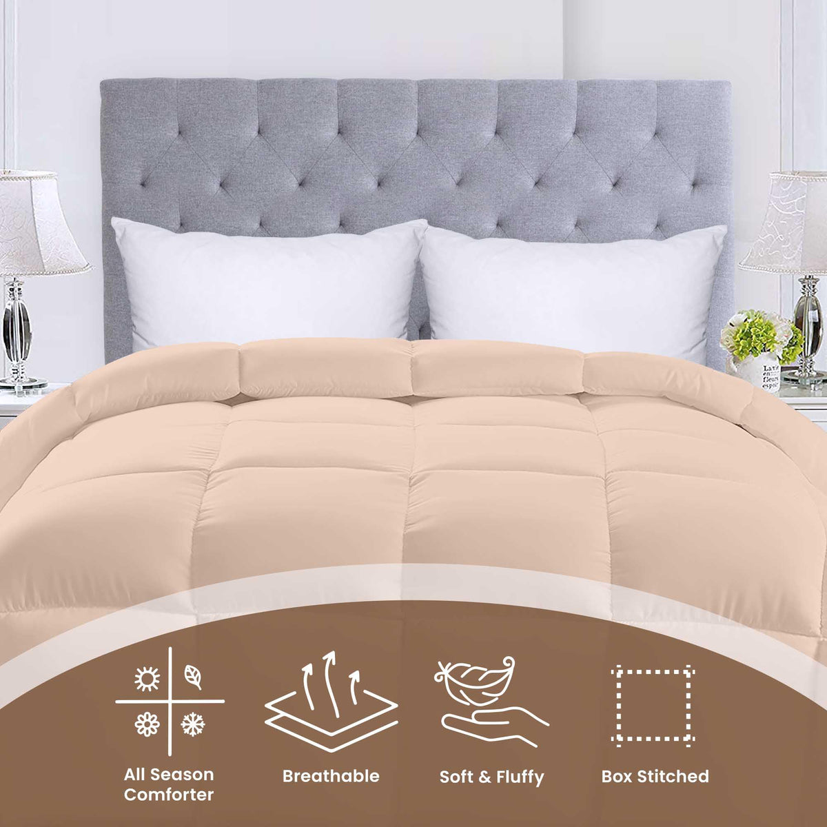 Utopia Bedding beige comforter with soft siliconized fiber filling for lasting comfort.
