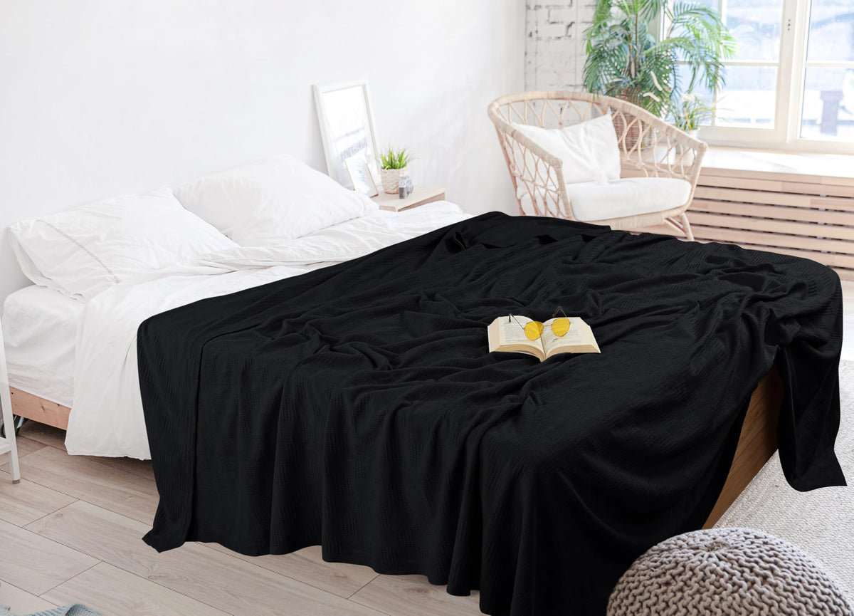 Utopia Bedding on-bed styling with black cotton blanket adds cozy ambiance.