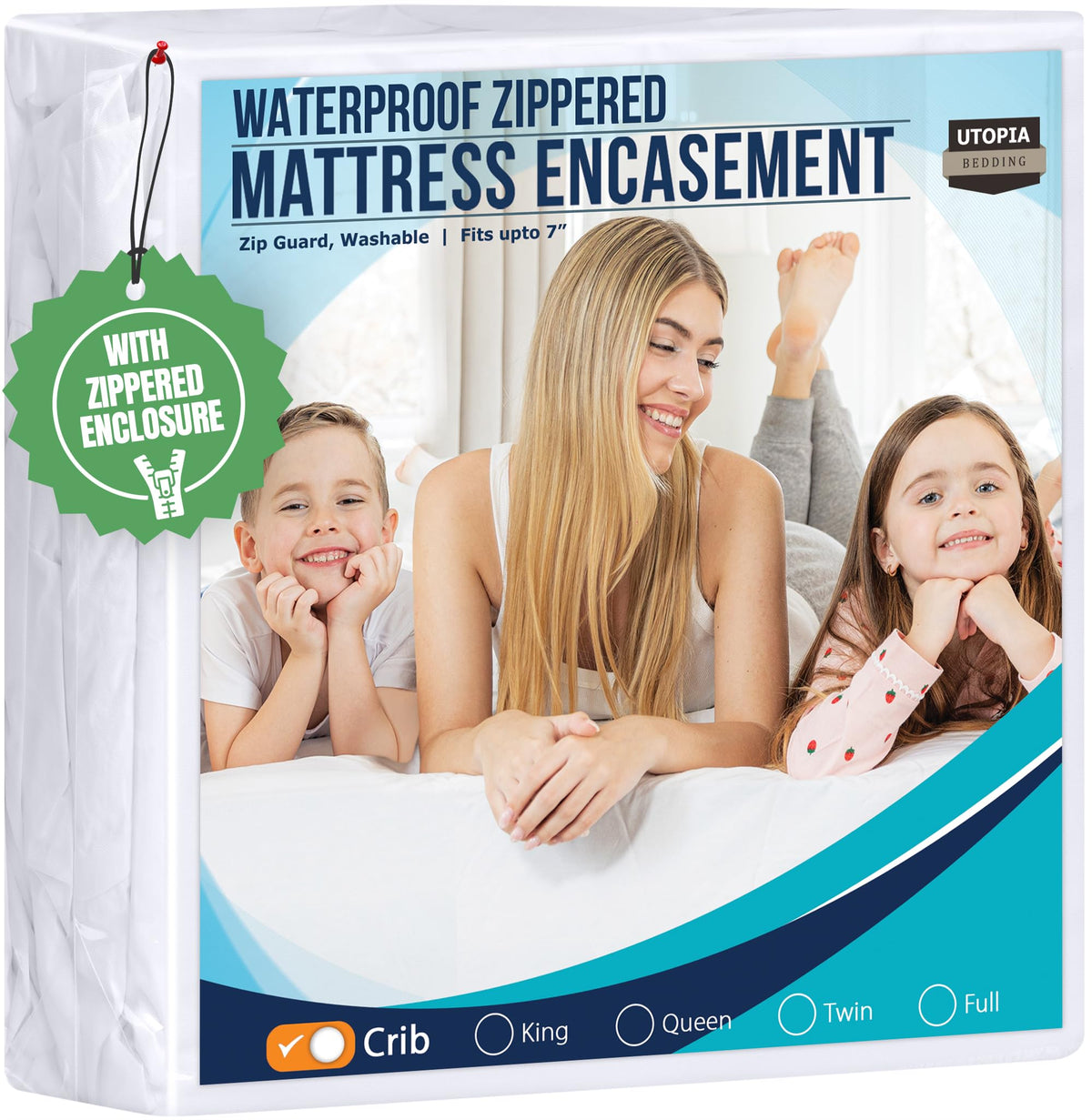 Utopia Bedding crib mattress protector demonstrating 360° coverage for a secure fit.