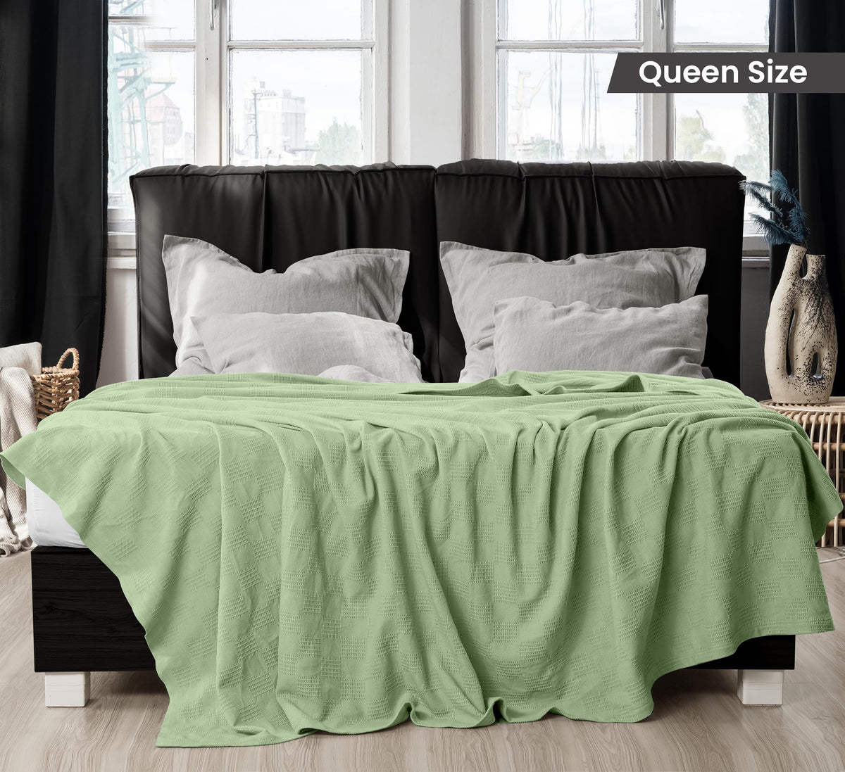 Dobby weave thermal blanket in Sage Green adds texture on bed by Utopia Bedding.