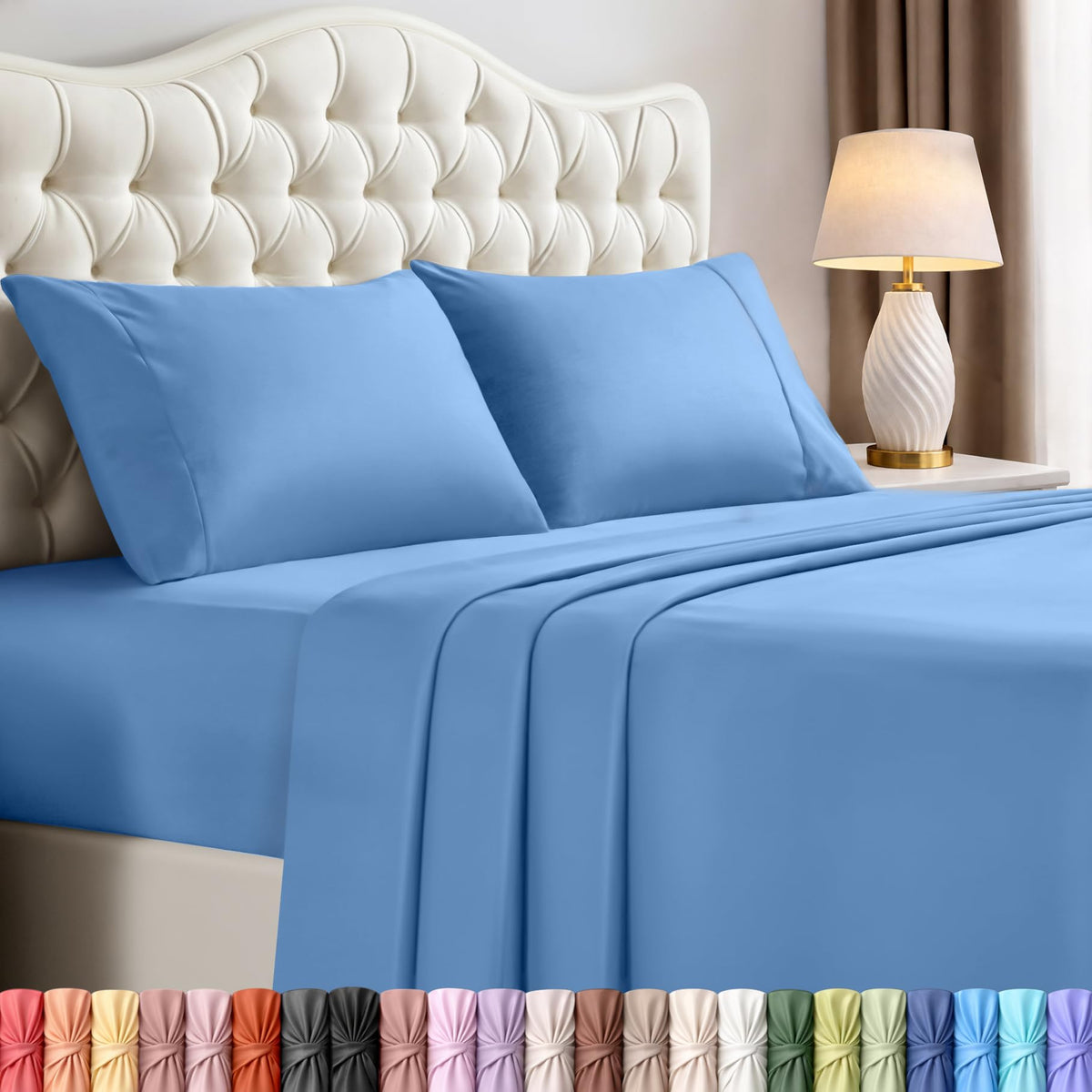 Utopia Bedding Dutch Blue king sheet set on bed; vibrant color enhances decor and comfort.