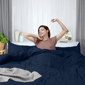 Utopia Bedding navy duvet cover complements modern decor while hiding wrinkles