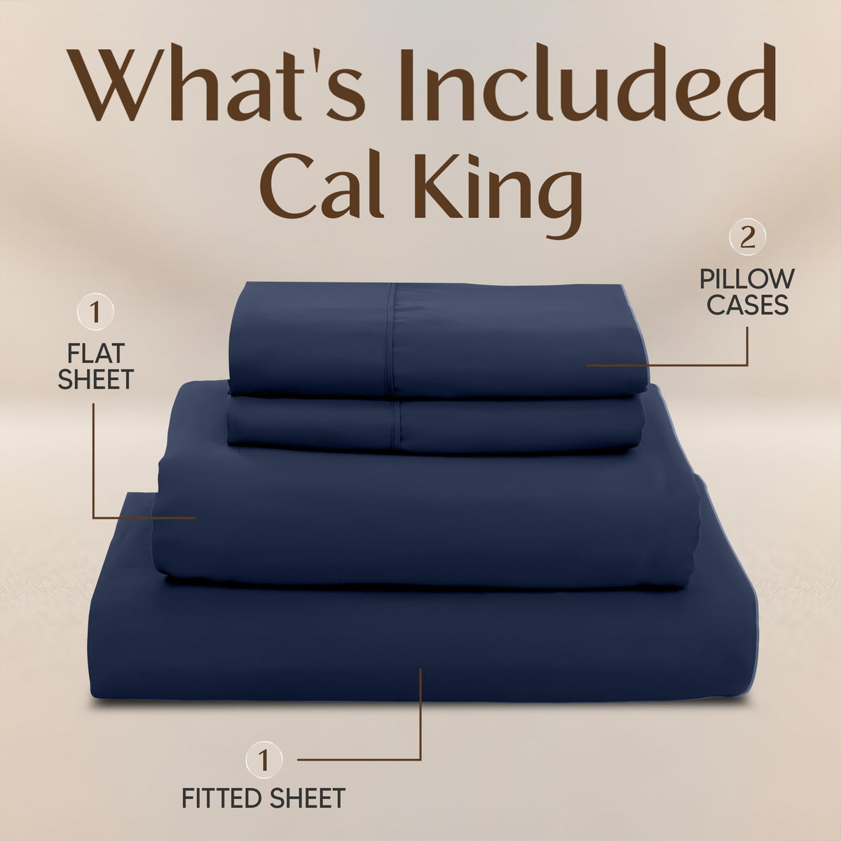 Fitted sheet with all-around elastic secures a snug Cal King fit.