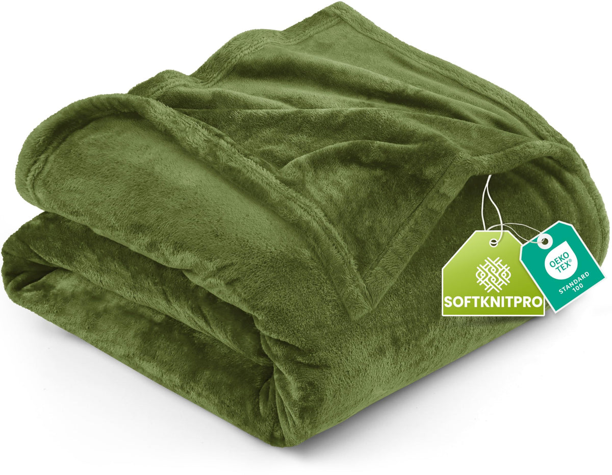 Utopia Bedding fleece blanket olive on bed for a cozy, year-round look.