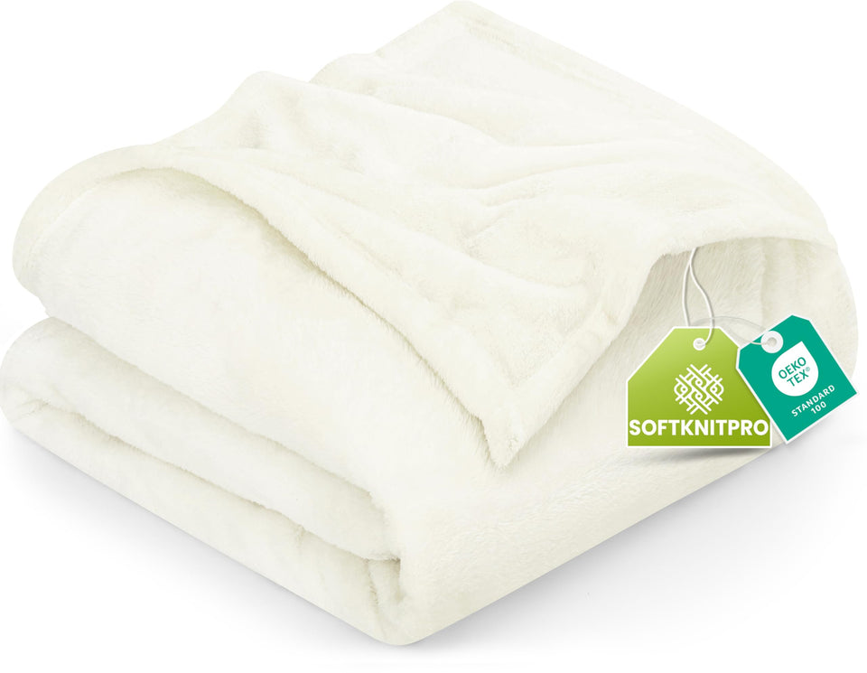Utopia Bedding fleece blanket in ivory, 90x90, for cozy queen-size comfort.