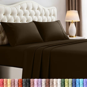 Utopia Bedding full sheet set in brown on bed, offering a cozy look.