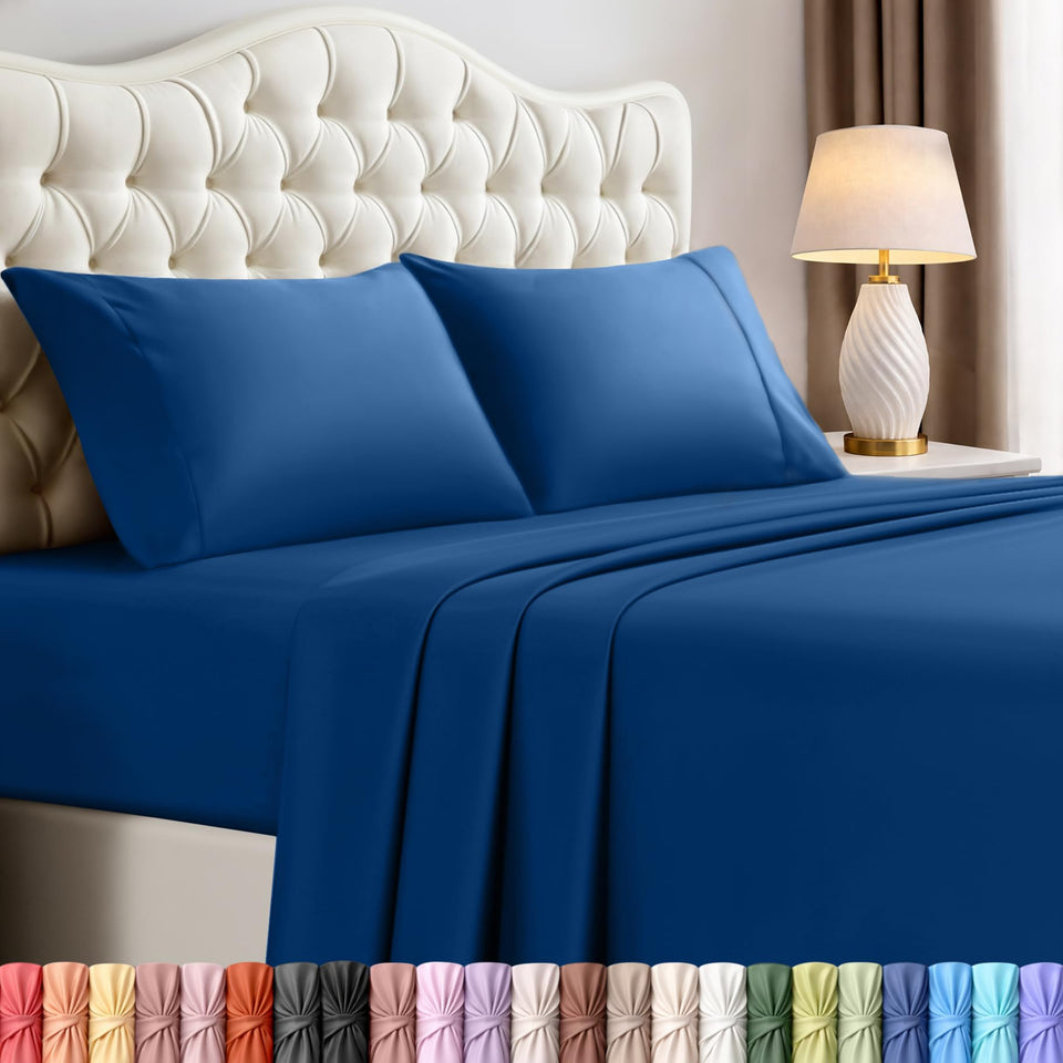 Utopia Bedding full sheet set dusk blue on bed, soft microfiber for cooling comfort.