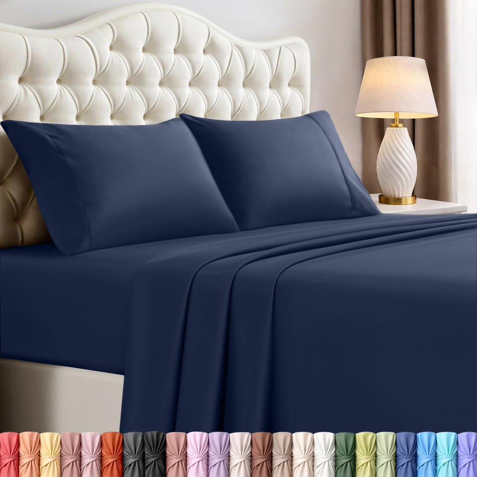 Utopia Bedding full sheet set navy box, quick setup for fresh bedding.