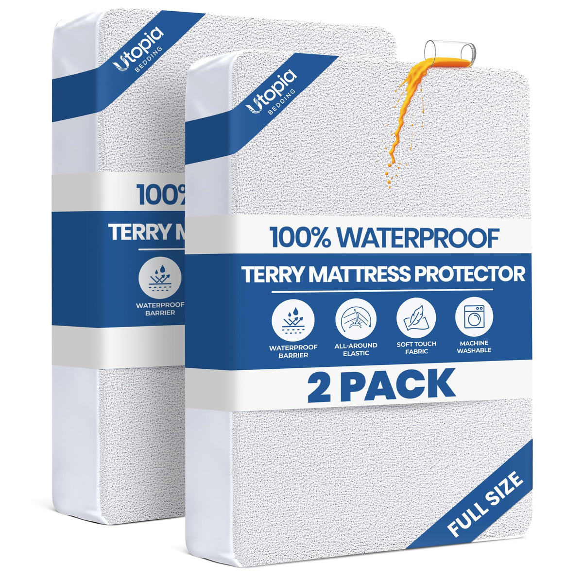 Utopia Bedding full-size mattress protector pack on bed, guarding against spills