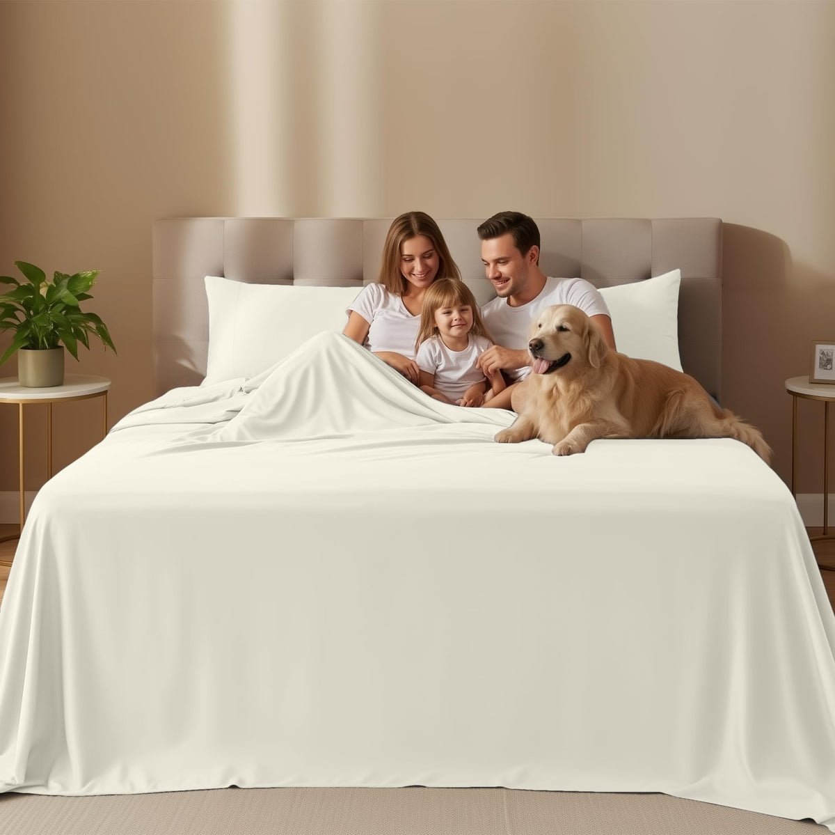 Utopia Bedding ivory fitted sheet on bed demonstrates secure all-around elastic for a snug fit.