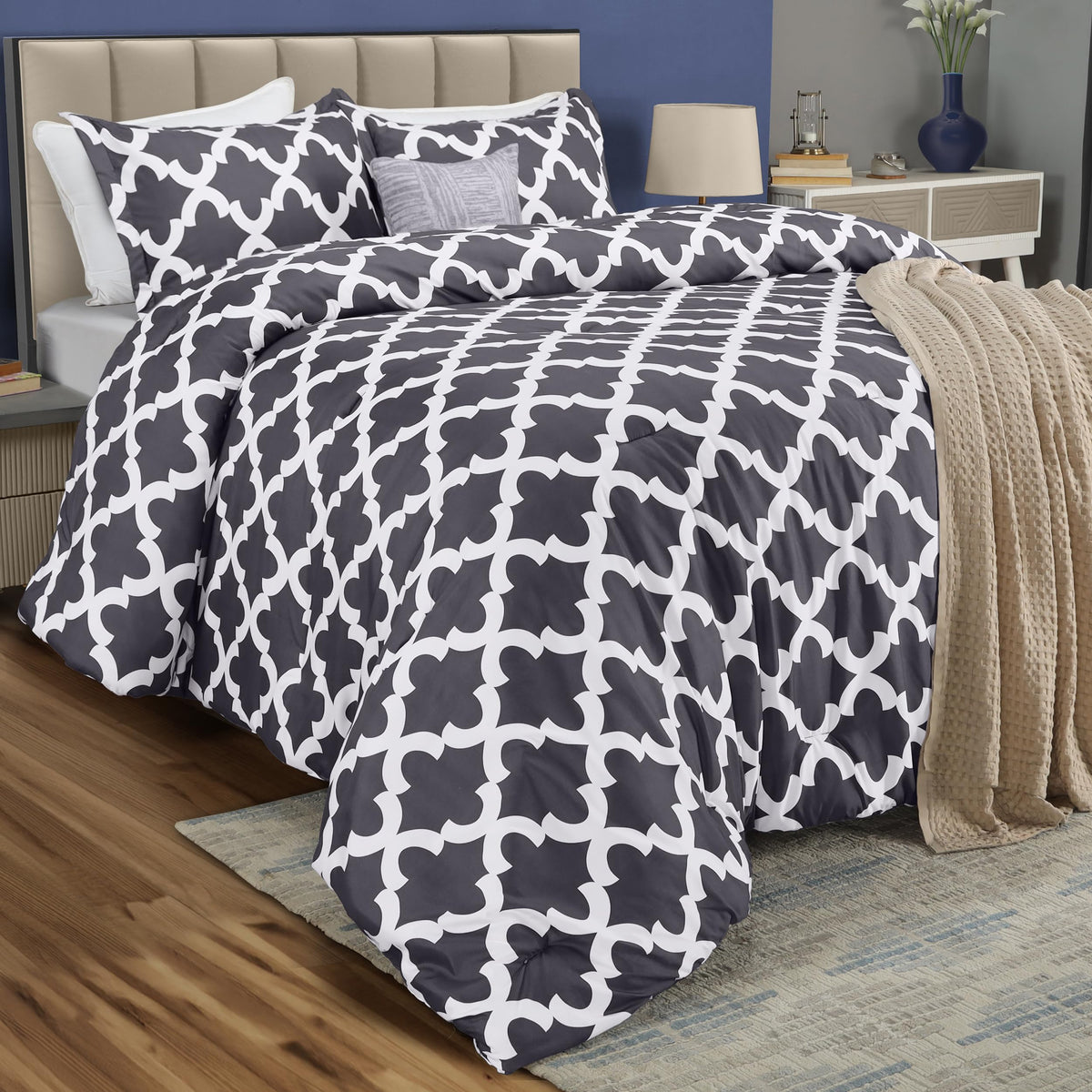Utopia Bedding king grey comforter set displayed on bed with generous 90x102 size.