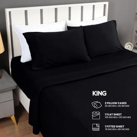 Flat sheet spread on king bed illustrating generous size.