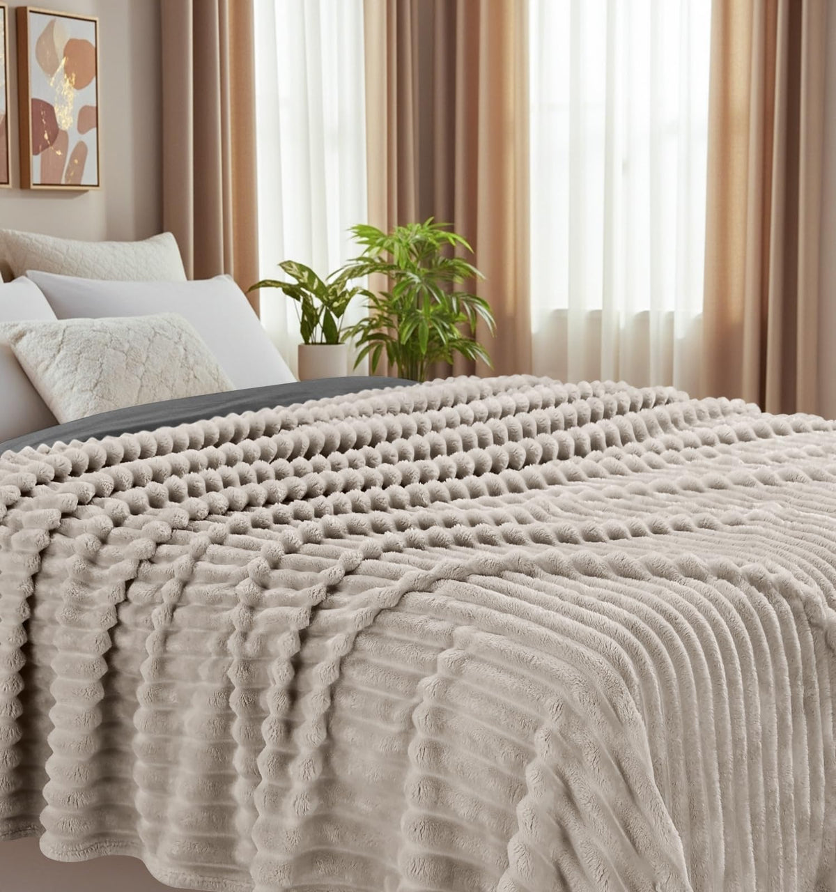 Utopia Bedding linen striped fleece blanket shown with a duvet to illustrate versatile decor