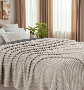 Utopia Bedding linen striped fleece blanket shown with a duvet to illustrate versatile decor