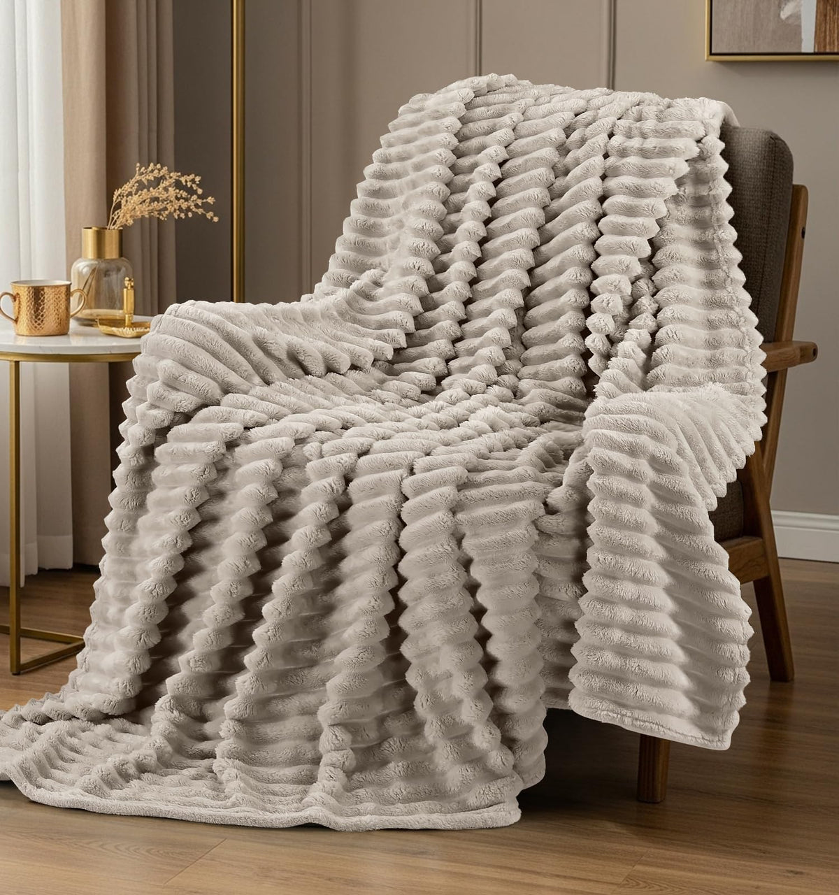 Utopia Bedding linen striped fleece blanket on a chair highlights easy-care comfort