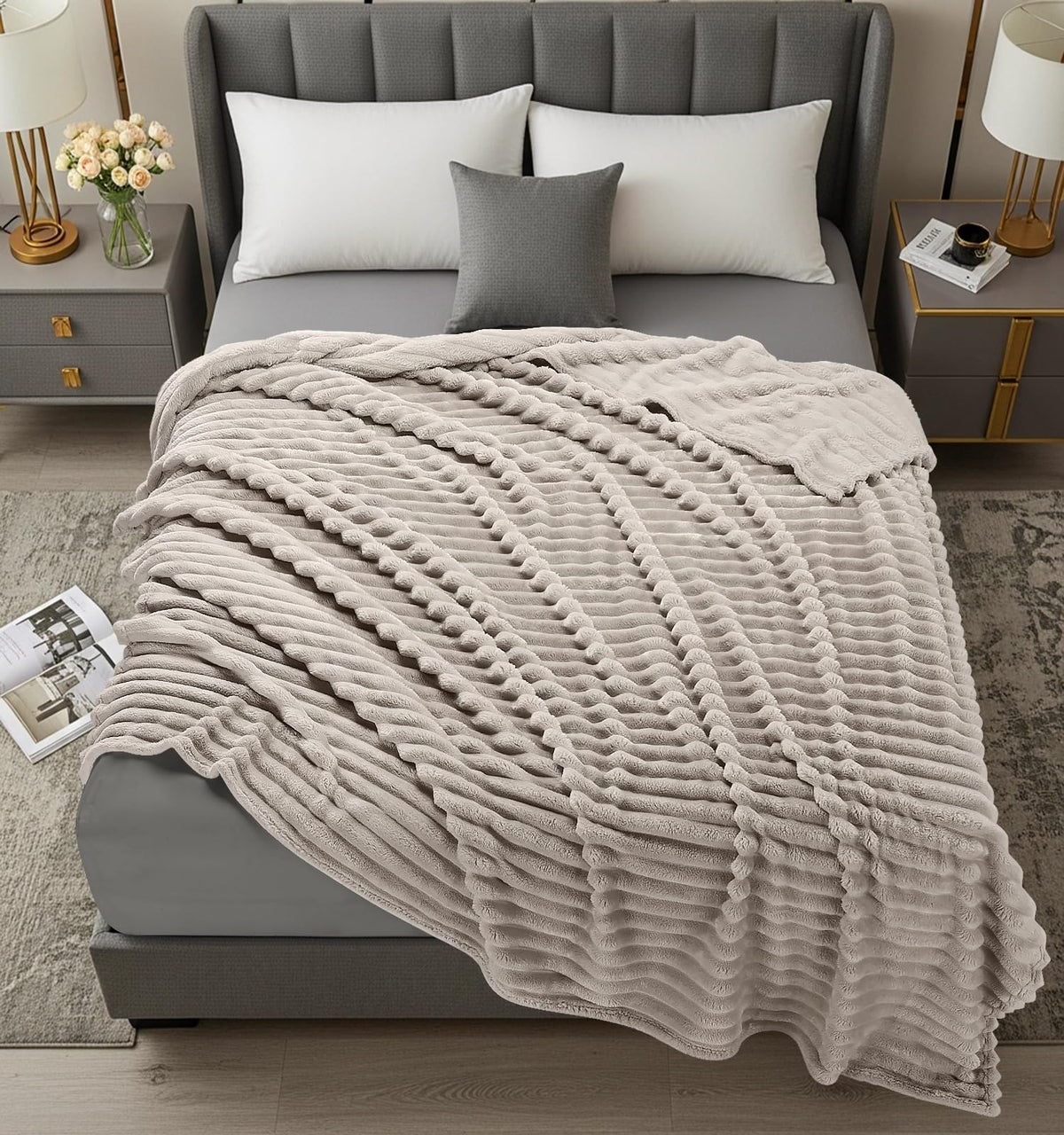 Utopia Bedding linen striped fleece blanket on a bed setup demonstrates lightweight all-season warmth