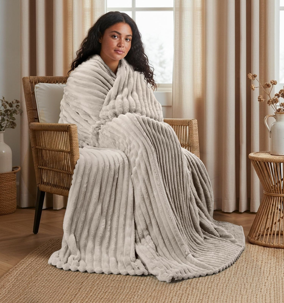 Utopia Bedding linen striped fleece blanket care shot emphasizes cold-water washing and low-heat tumble dry